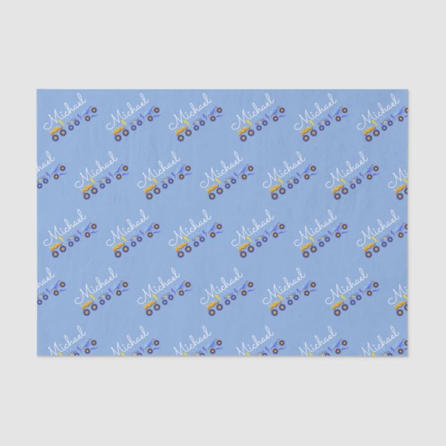 Personalisieren Baby Boy Name Truck Soft Blue Seidenpapier (Vorderseite)