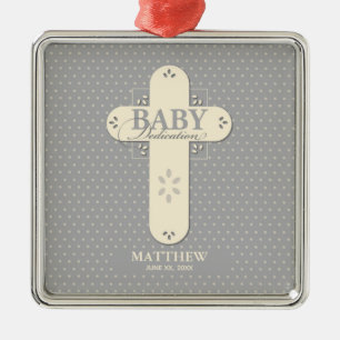Personalisieren, Baby Dedication Cream & Gray Cros Ornament Aus Metall