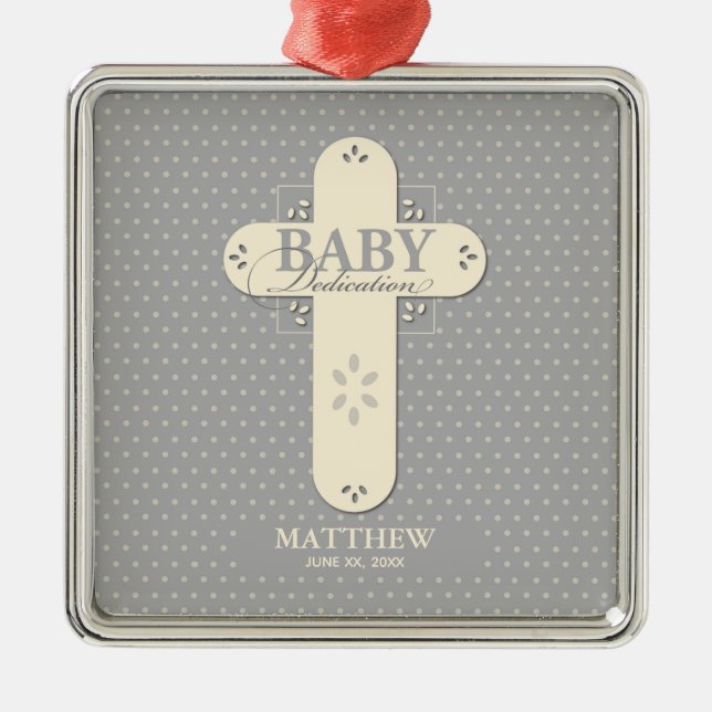 Personalisieren, Baby Dedication Cream & Gray Cros Ornament Aus Metall (Vorne)