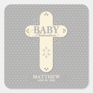Personalisieren, Baby Dedication Cream & Gray Cros Quadratischer Aufkleber