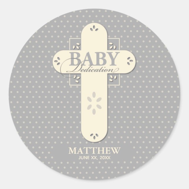 Personalisieren, Baby Dedication Cream & Gray Cros Runder Aufkleber (Vorderseite)