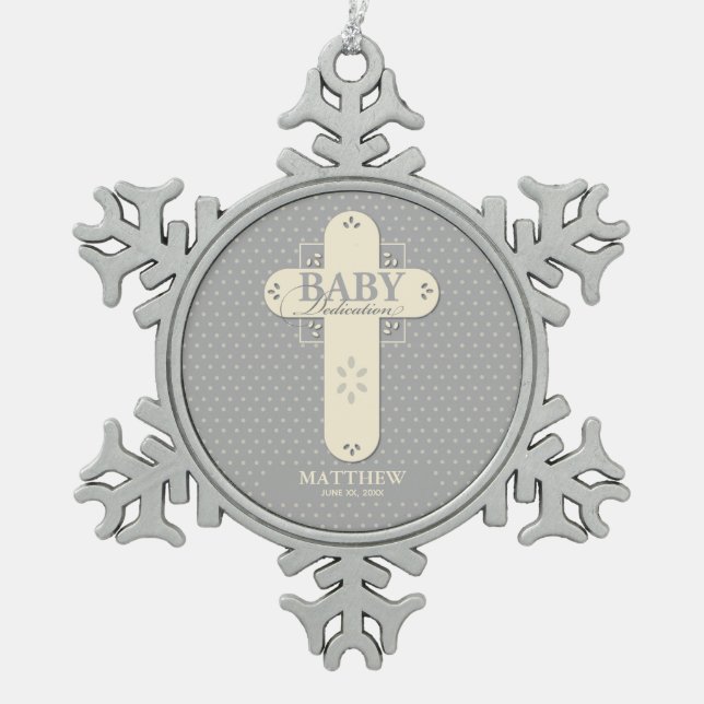 Personalisieren, Baby Dedication Cream & Gray Cros Schneeflocken Zinn-Ornament (Vorderseite)