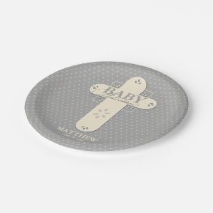 Personalisieren, Baby-Tauf-Cream und Graues Kreuz Pappteller