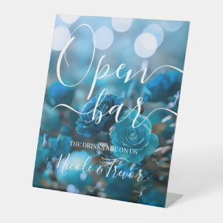Personalisieren: Bokeh & Blue Roses Hochzeits-Open Sockelschild