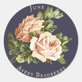 Personalisieren der Navy Blue Vintag Cabbage Rose Runder Aufkleber