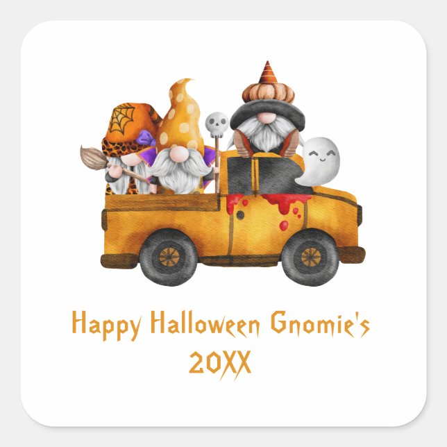 Personalisieren Halloween Gnomes Orange Truck Quadratischer Aufkleber (Vorderseite)