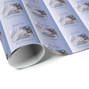Personalisieren, Junge, Erste Kommunion Blau Geschenkpapier