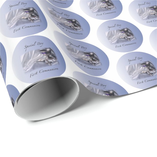 Personalisieren, Junge, Erste Kommunion Blau Geschenkpapier (Rolleneckpunkt)