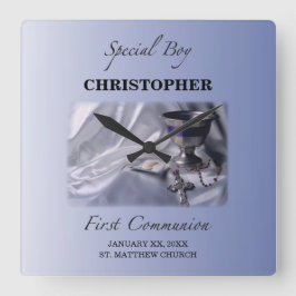 Personalisieren, Junge, Erste Kommunion Blau Quadratische Wanduhr