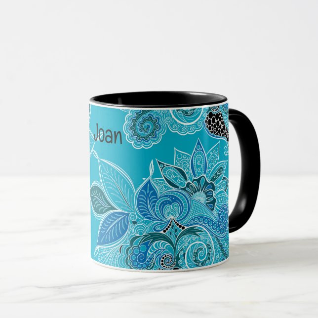 Personalisieren Name Blue Boho Paisley Black Insid Tasse (VorderseiteRechts)