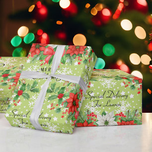 Personalisieren Name Weihnachten Poinsettia Schnee Geschenkpapier