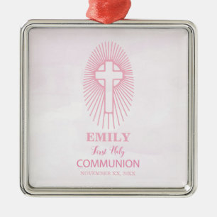 Personalisieren, Rosa Erste Heilige Kommune Cross Ornament Aus Metall