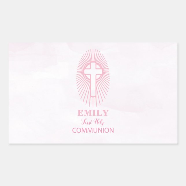 Personalisieren, Rosa Erste Heilige Kommune Cross  Rechteckiger Aufkleber (Vorderseite)