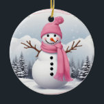 Personalisieren: Rosa Scarf Xmas Snowman Keramik Ornament<br><div class="desc">Personalisieren: Rosa Scarf Xmas Snowman</div>