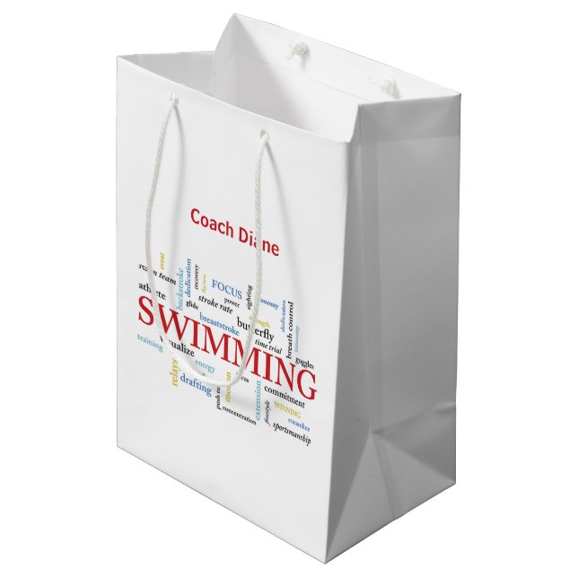 Personalisieren, Schwimmen Coach Danke in Worten Mittlere Geschenktüte (Vorderseite Schrägansicht)