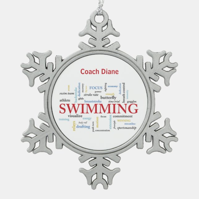 Personalisieren, Schwimmen Coach Danke in Worten Schneeflocken Zinn-Ornament (Vorderseite)