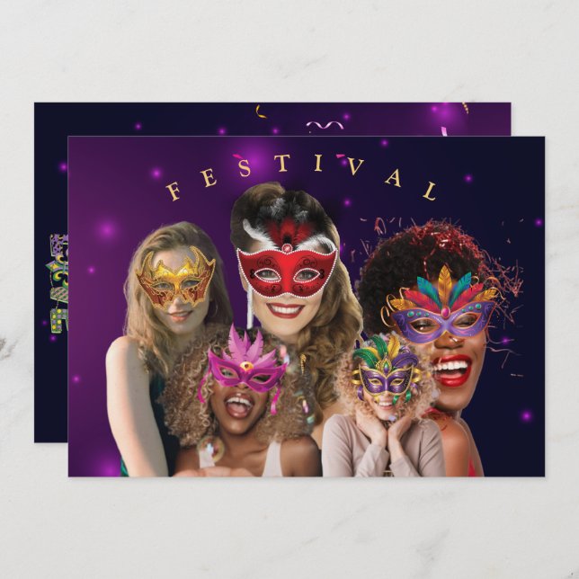 Personalisieren Sie 5 Foto Masquerade Masken Mardi Einladung (Vorne/Hinten)