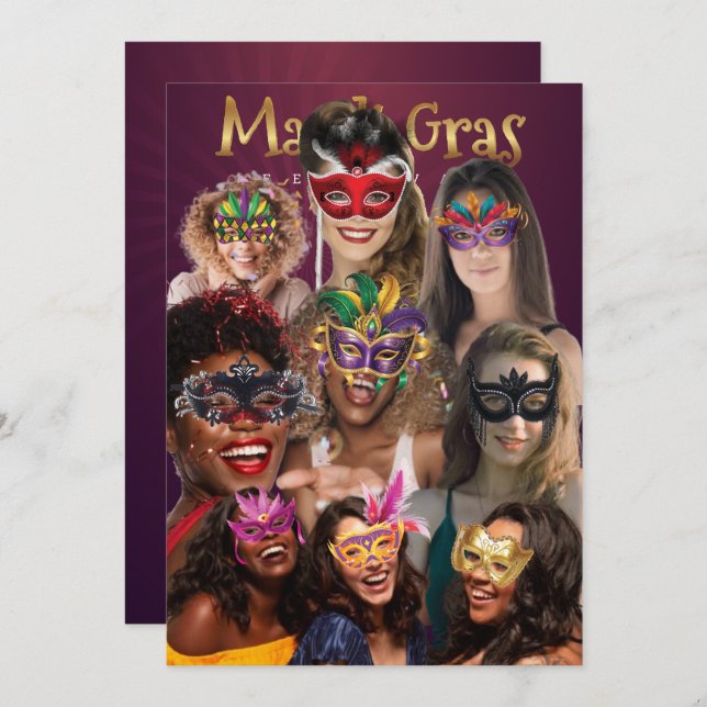 Personalisieren Sie 9 Foto Masquerade Masken Mardi Einladung (Vorne/Hinten)