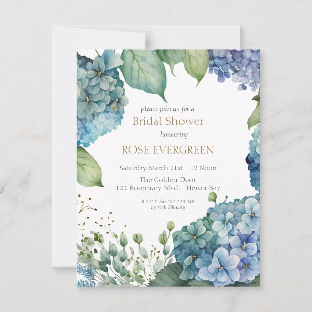Personalisieren Sie Brautparty Blue Hydrangea Einladung (Vorderseite)