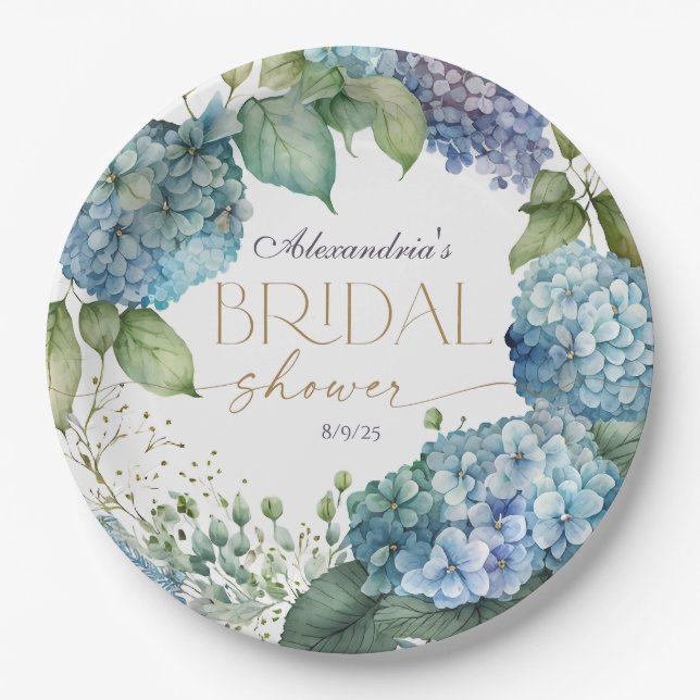 Personalisieren Sie Brautparty Blue Hydrangeas Pappteller (Vorderseite)