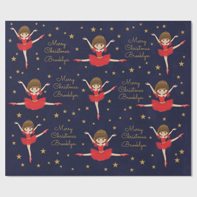 Personalisieren Sie Brünetten Weihnachtsballerina Geschenkpapier (Flach)