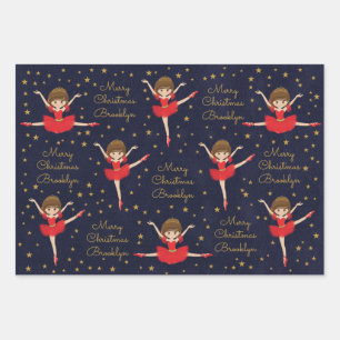 Personalisieren Sie Brünetten Weihnachtsballerina Geschenkpapier Set