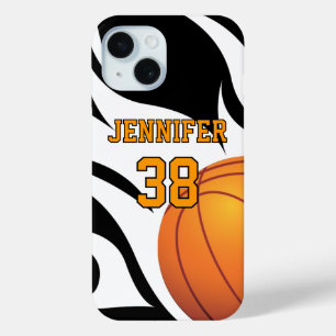 Personalisieren Sie das Flaming Basketball B/W iPhone 15 Hülle