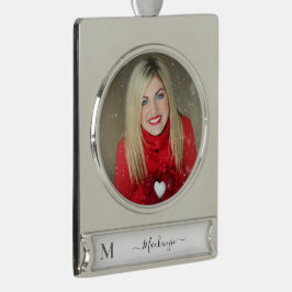 Personalisieren Sie das Foto für den Anfangsnamen  Banner-Ornament Silber