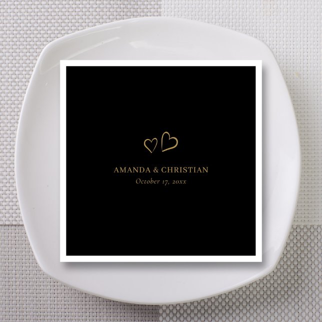 Personalisieren Sie den Black & Gold Heart Wedding Serviette (Personalize Black & Gold Heart Wedding Cocktail  Napkins)