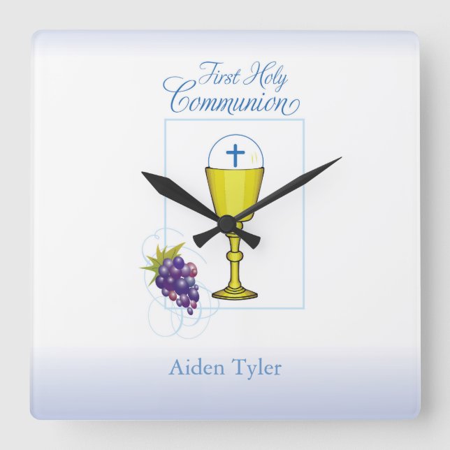 Personalisieren Sie den Namen Boy First Communion  Quadratische Wanduhr (Vorderseite)