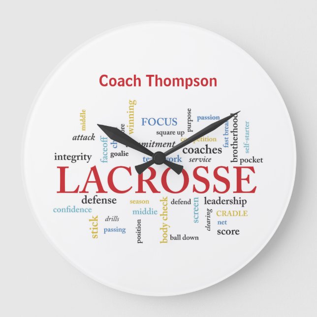 Personalisieren Sie den Namen Lacrosse Coach mithi Große Wanduhr (Vorderseite)
