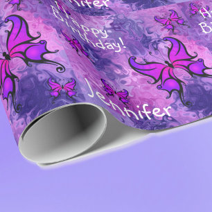 Personalisieren Sie den Namen Lila Butterfly Roll Geschenkpapier