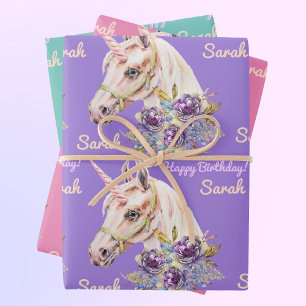 Personalisieren Sie den Namen Unicorn Girls Geburt Geschenkpapier Set
