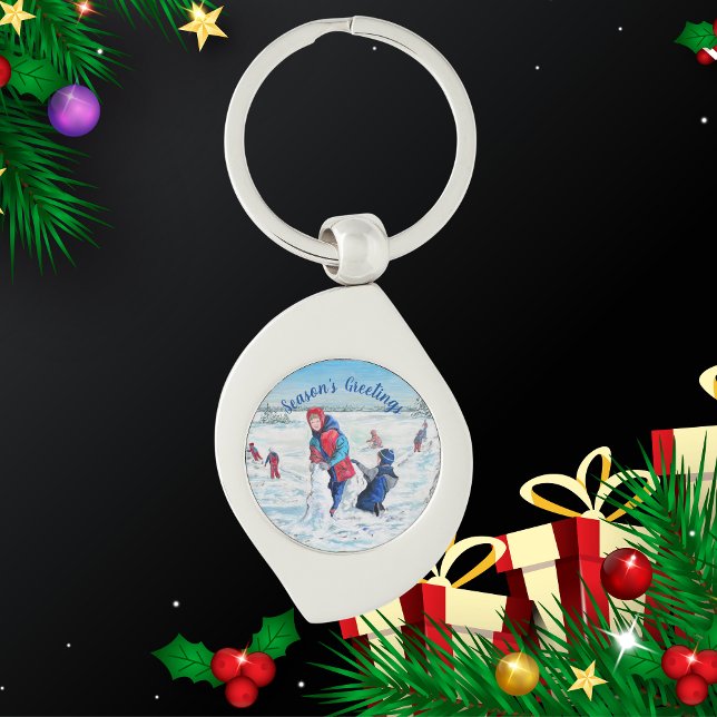 PERSONALISIEREN Sie die Wintermalerei in Blau und  Schlüsselanhänger (Elegant Keychain with wintery children playing landscape.)