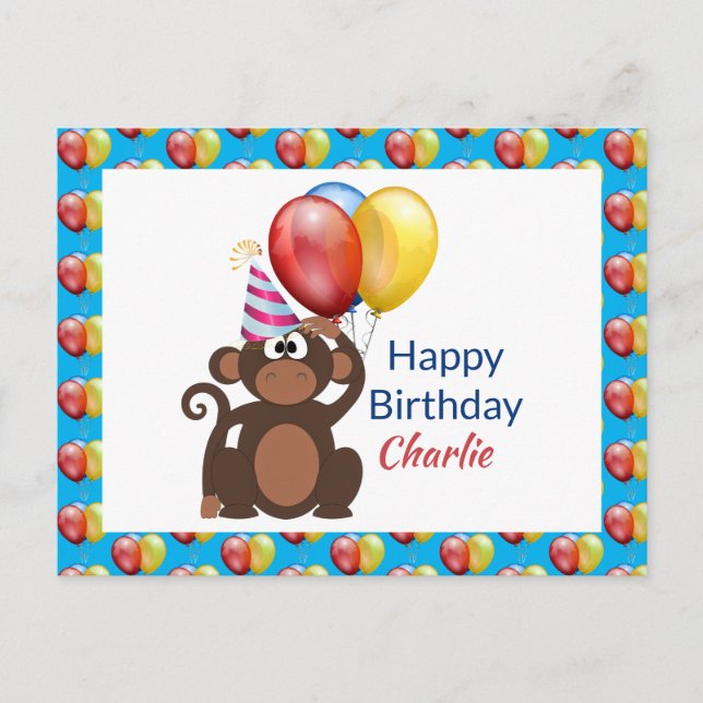 Personalisieren Sie Happy Birthday Monkey und Ball Postkarte (Vorderseite)