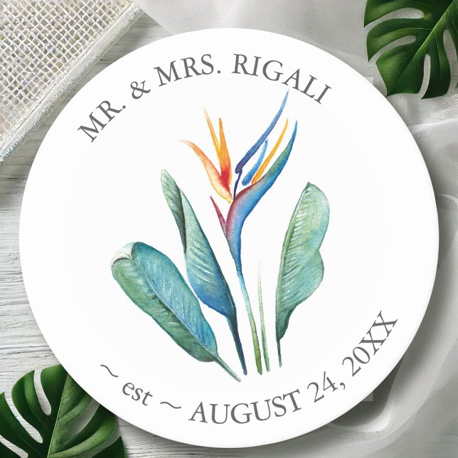 Personalisieren Sie Hochzeiten Untersetzer Wasserf (Tropical gifts coasters watercolor bird of paradise flower by Victoria Grigaliunas Do Tell A Belle)