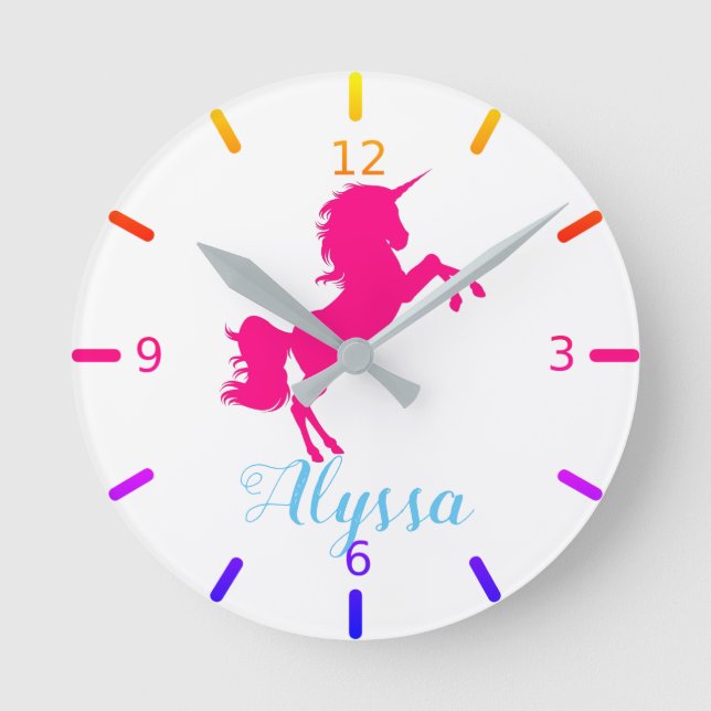 Personalisieren Sie Ihr eigenes rosa Einhorn Runde Wanduhr (Vorderseite)
