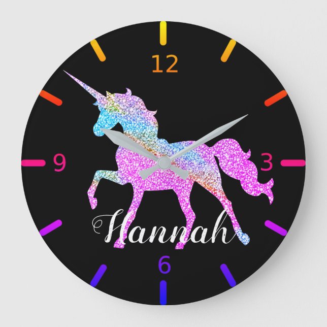 Personalisieren Sie Ihre farbenfrohe Einhorn-Großu Große Wanduhr (Vorderseite)