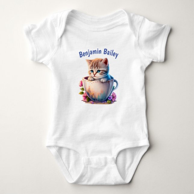 Personalisieren Sie Kitten in einer Teetasse Baby Strampler (Vorderseite)