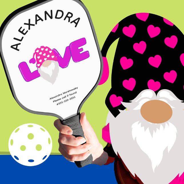 Personalisieren Sie Liebe Gnome Heart Pink Lila Pickleball Schläger (Von Creator hochgeladen)