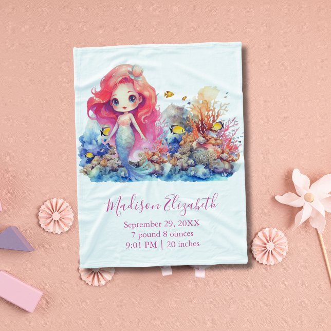 Personalisieren Sie Mermaid Baby Shower Baby Girl  Fleecedecke (Mermaid Sea Life Birth Stats Baby Shower New Baby Gift Baby Blanket for Baby Girl)
