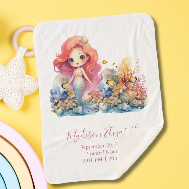 Personalisieren Sie Mermaid Baby Shower Baby Girl  Sherpadecke (Mermaid Sea Life Baby Blanket with Birth Stats for Baby Girl. Great Baby shower or new baby gift)