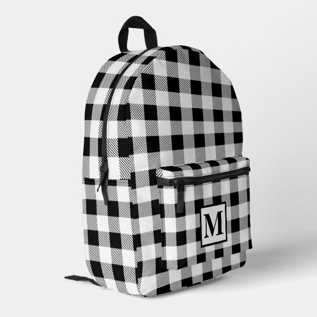 Personalisieren Sie Monogramm Schwarz-weiß Gingham Bedruckter Rucksack (Rückseitige Ecke links)