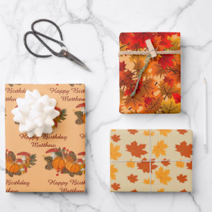 Personalisieren Sie Name Herbstlaubs Happy Birthda Geschenkpapier Set