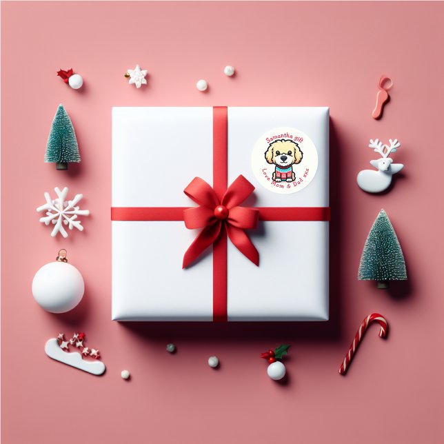 Personalisieren Sie niedlich Goldendoodle im Weihn Runder Aufkleber (Cute Goldendoodle Christmas sticker.)