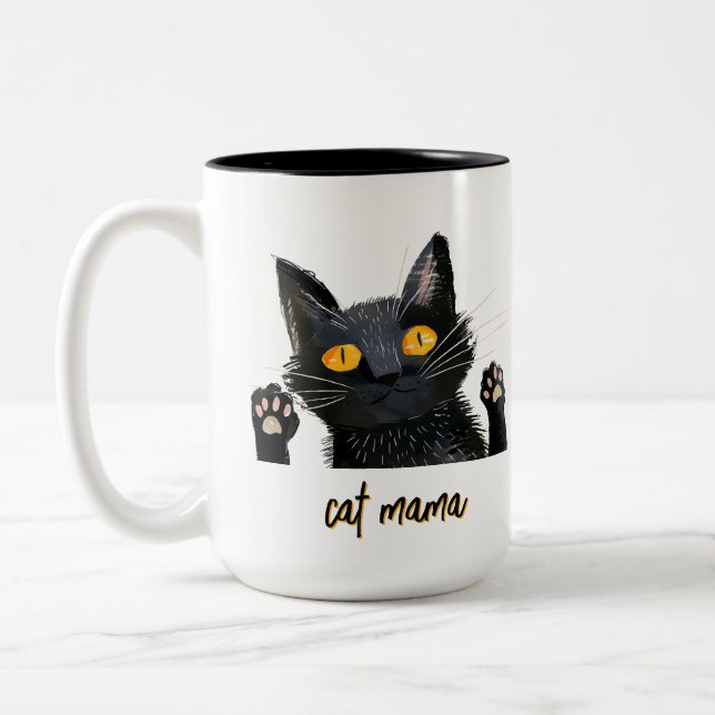 Personalisieren Sie Niedliche Black Cat Mama Zweifarbige Tasse (Links)