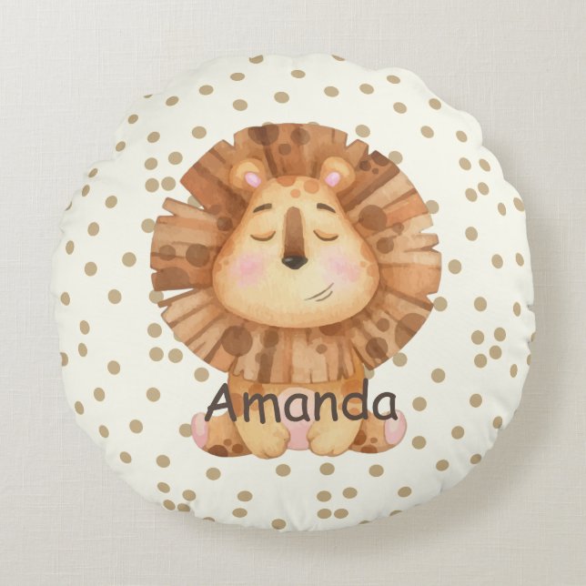Personalisieren Sie niedliche Löwenpolka-Punkte Ki Rundes Kissen (Vorderseite)