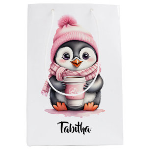Personalisieren Sie Niedliche Pink Pinguin Weihnac Mittlere Geschenktüte