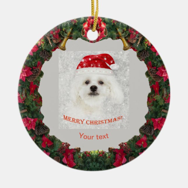 Personalisieren Sie niedlichen Weißhund maltesisch Keramik Ornament (Vorne)