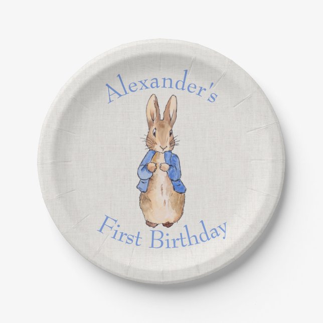 Personalisieren Sie Peter das Kaninchen beige Lein Pappteller (Vorderseite)